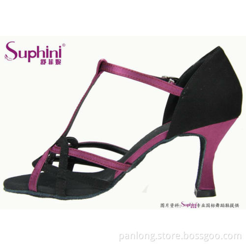 Suphini Purple Black Satin dance strap shoes